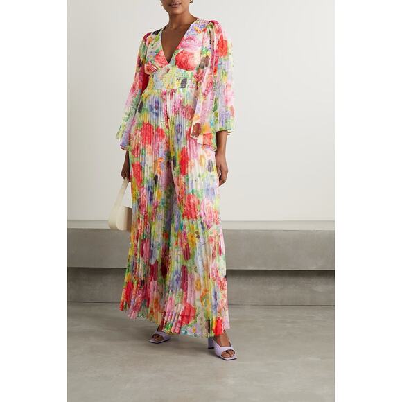 Alice + Olivia Bennet Floral Pleated Wide-Leg Jumpsuit Size 2 Boho Vacation Maxi